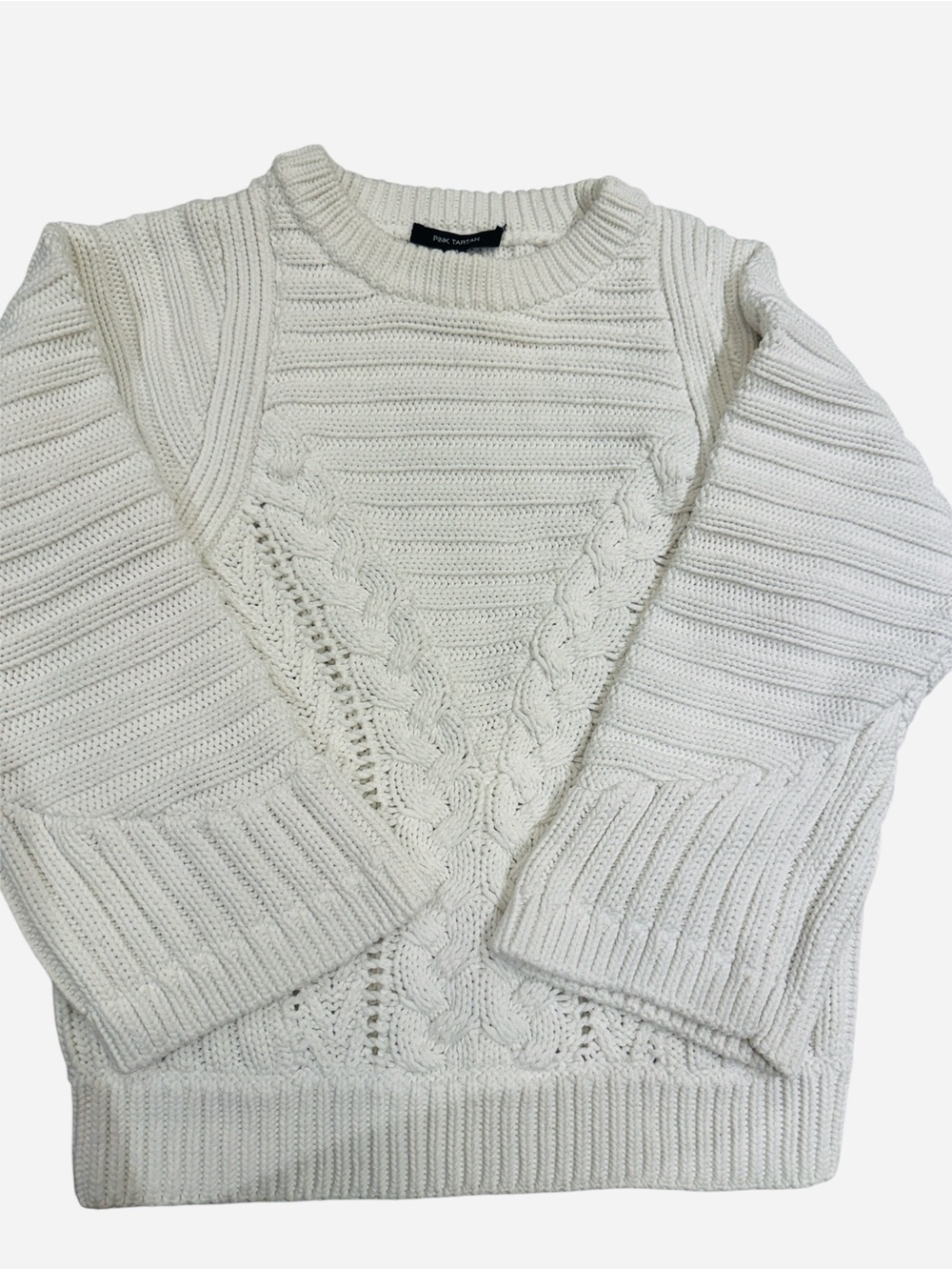 PINK TARTAN White Cable-Knit Crewneck Sweater